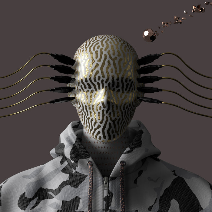 3d visual by The Sound Of Breaking Glass -android face wearing a camouflage hoodie with a unique mask featuring gold patterns and black wires on a dark background.