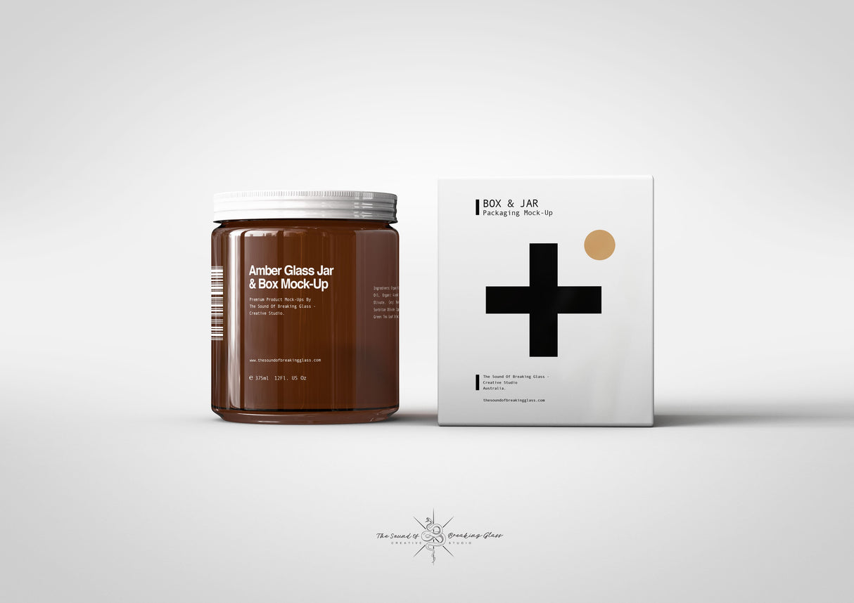 Brown Amber Glass | Food | Medical | Cosmetics Jar With Box Packaging Mock-Up