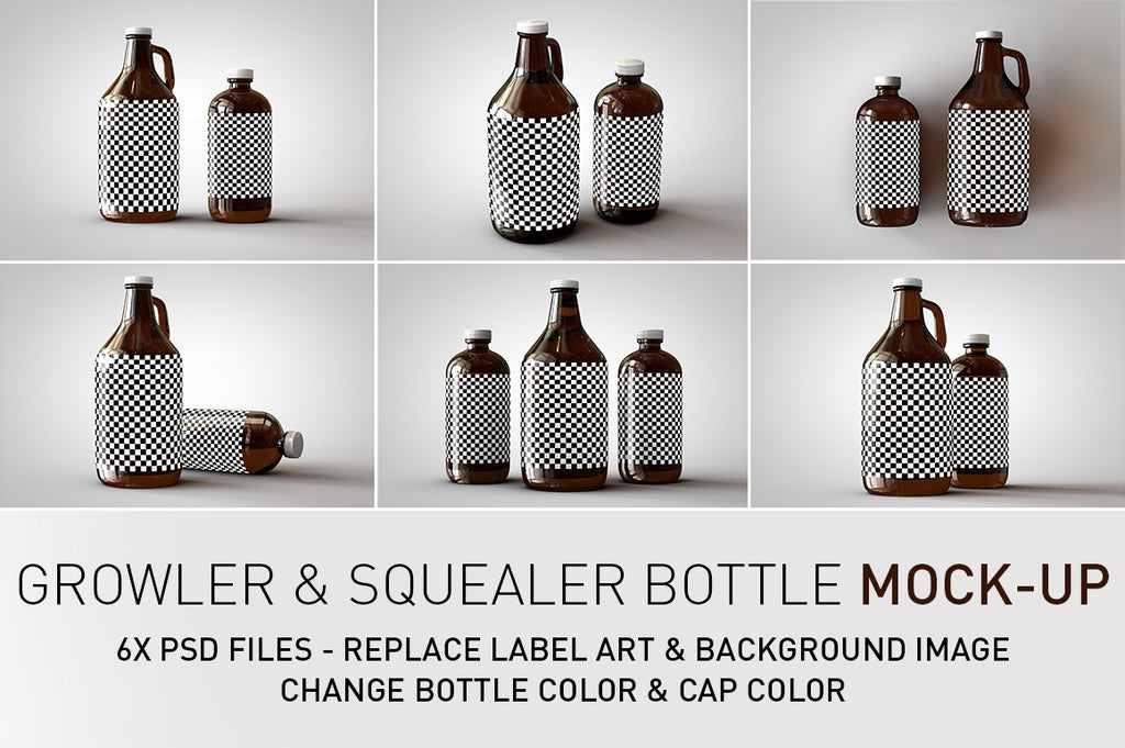 Growler Craft Beer Bottle Jug Mock-Up & Squealer Beer Bottle Mock-Up