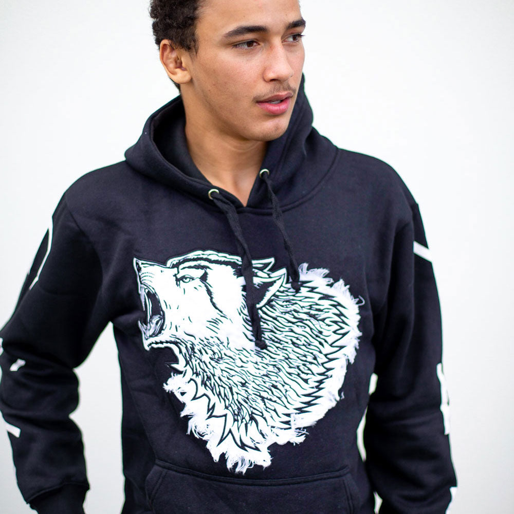 Cotton Fleece Hoodie with Wolf Head Embroidery and Appliqué Lettering by Dos Lobos