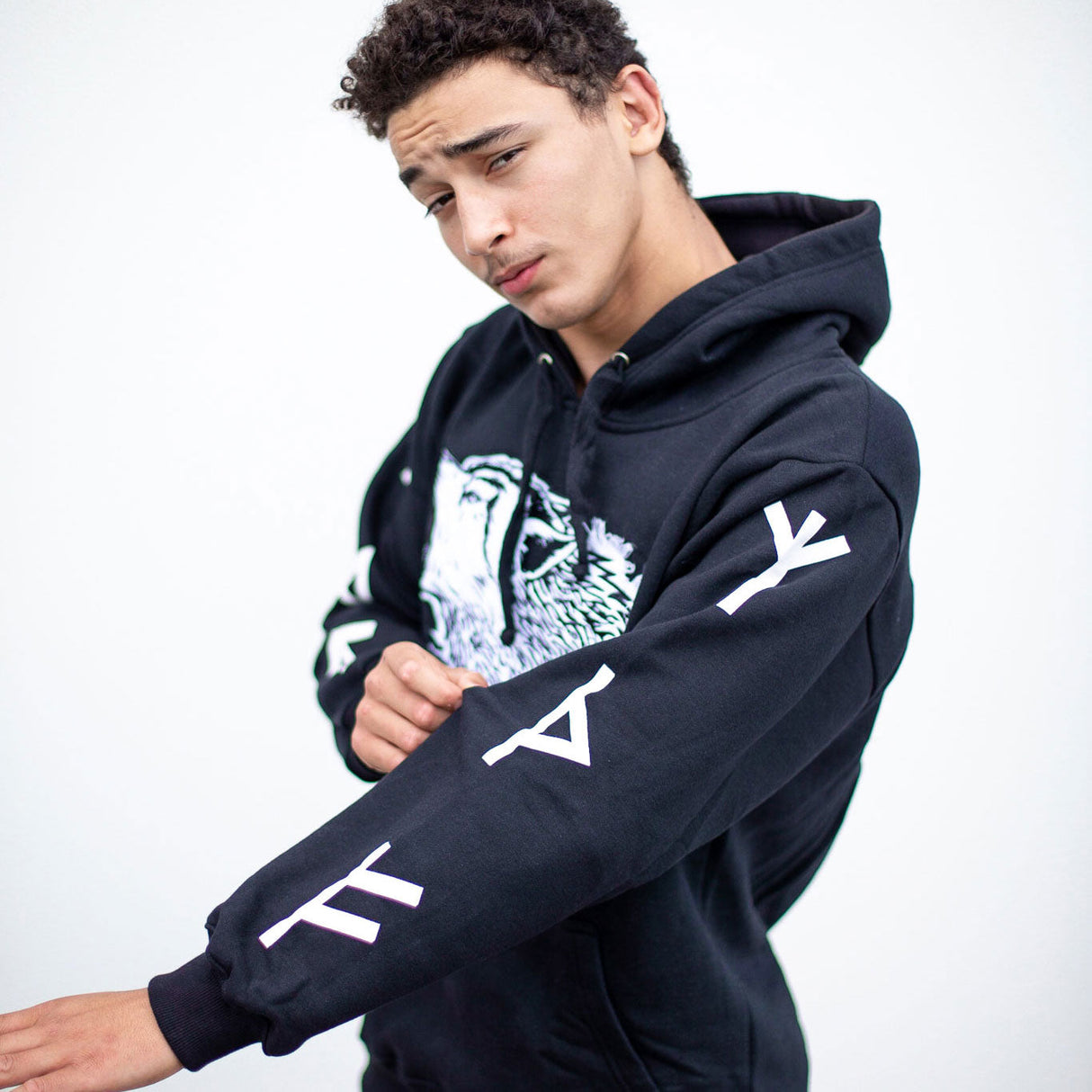 Cotton Fleece Hoodie with Wolf Head Embroidery and Appliqué Lettering by Dos Lobos