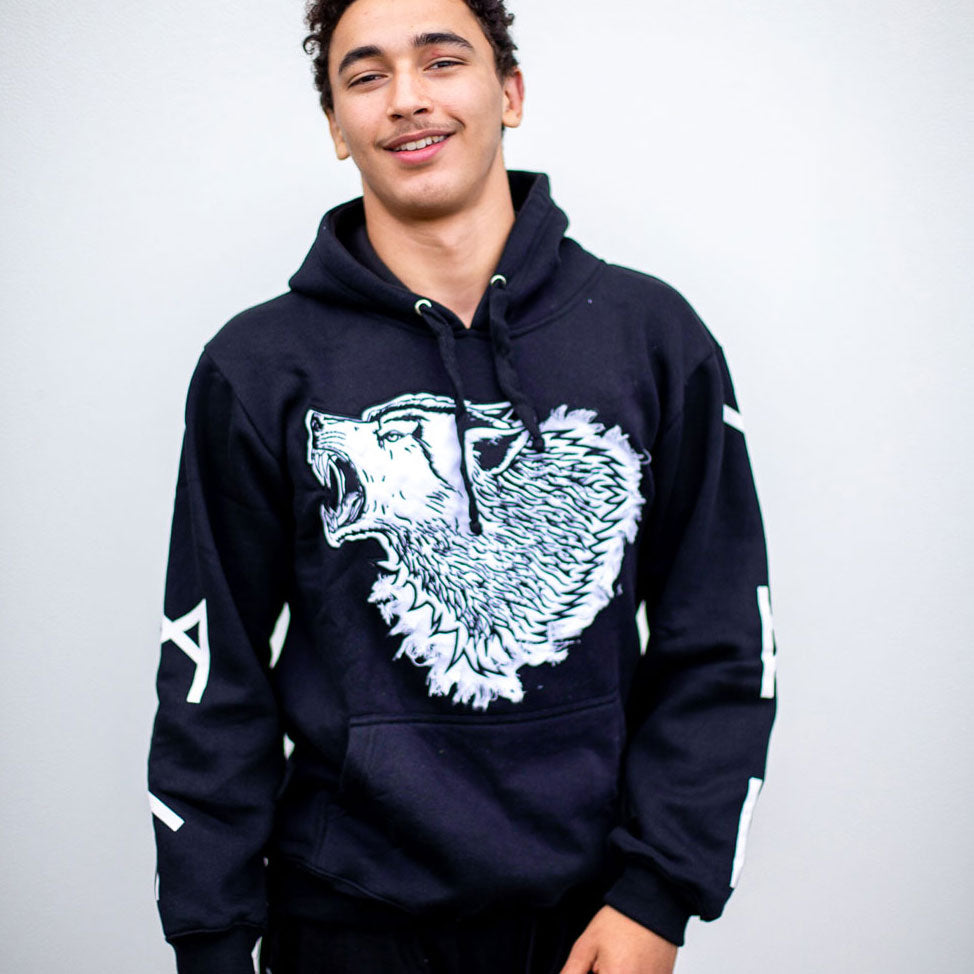 Cotton Fleece Hoodie with Wolf Head Embroidery and Appliqué Lettering