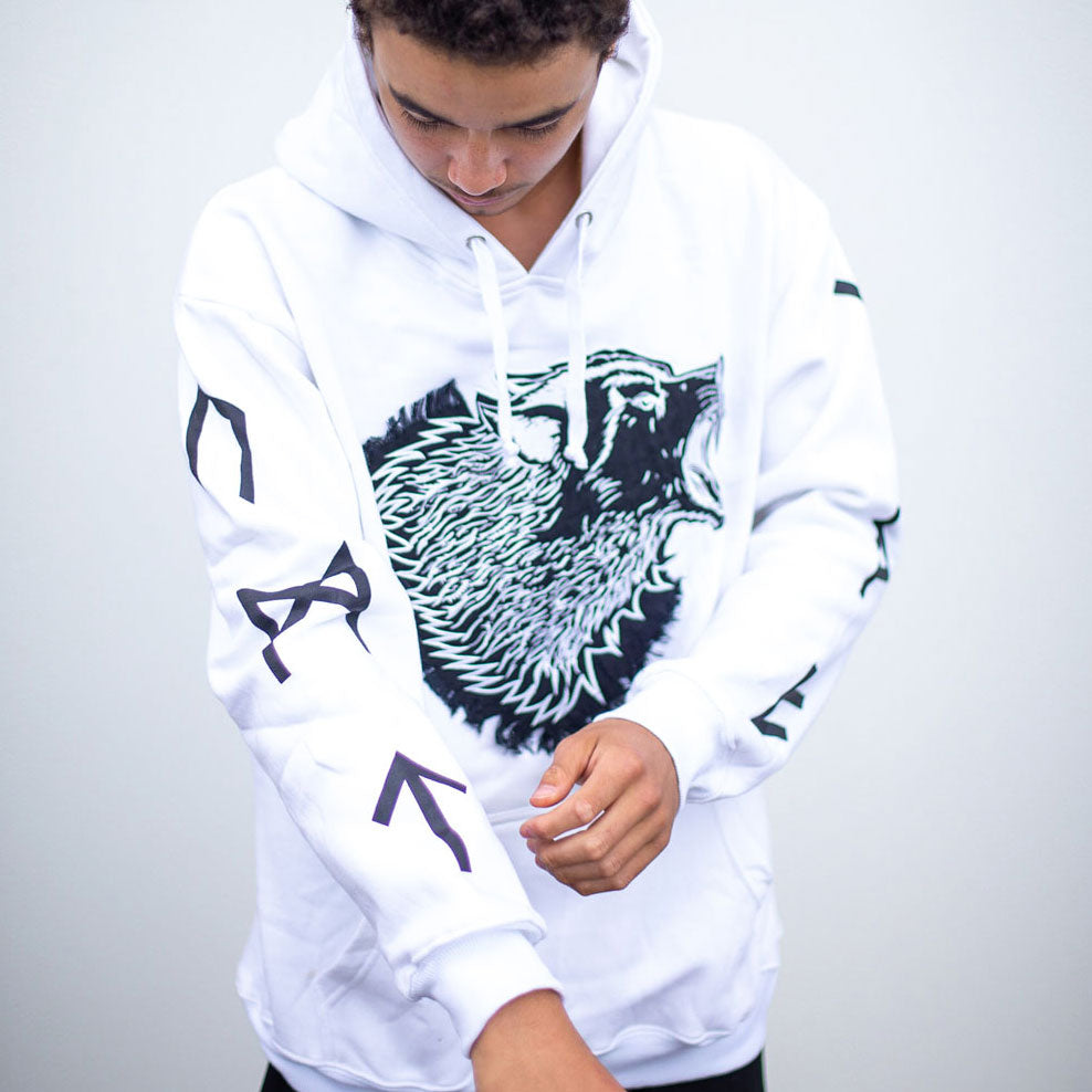 Cotton Fleece Hoodie with Wolf Head Embroidery and Appliqué Lettering by Dos Lobos