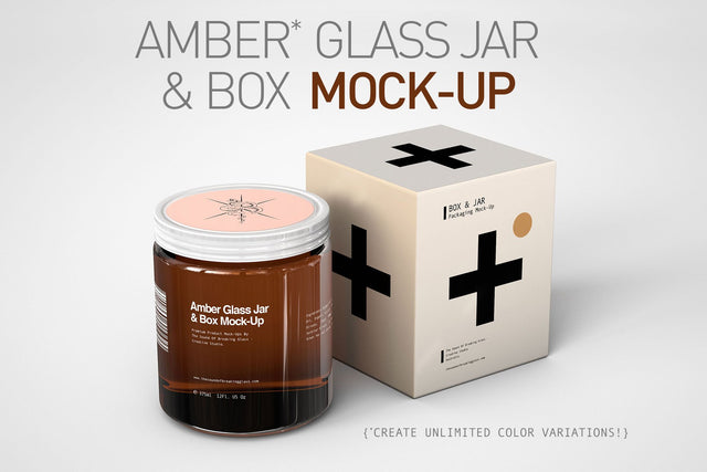 Brown Amber Glass | Food | Medical | Cosmetics Jar With Box Packaging Mock-Up 