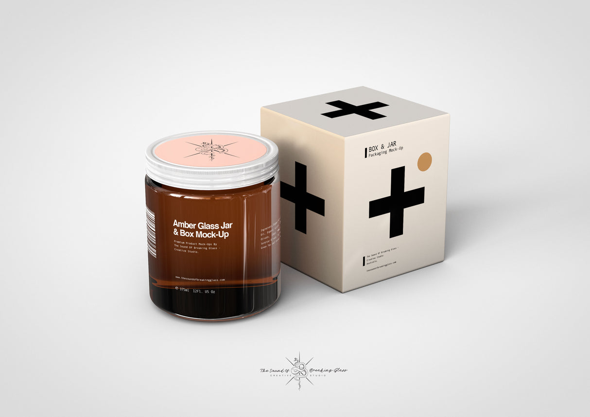 Brown Amber Glass | Food | Medical | Cosmetics Jar With Box Packaging Mock-Up 