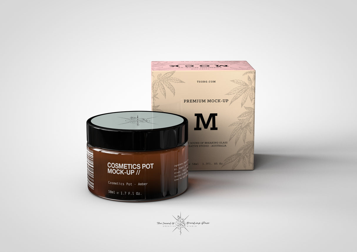 Amber Cosmetics Pot & Box Mock-Up | Amber Apothecary Glass Jar Mock-Up