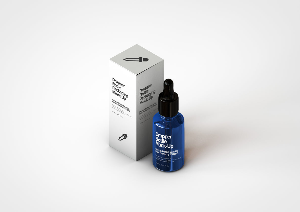 CBD Hemp Oil - Medical Marijuana | Dropper Bottle Mock-Up with Box Packaging - Amber Color & Cobalt Blue Bottle 30ml