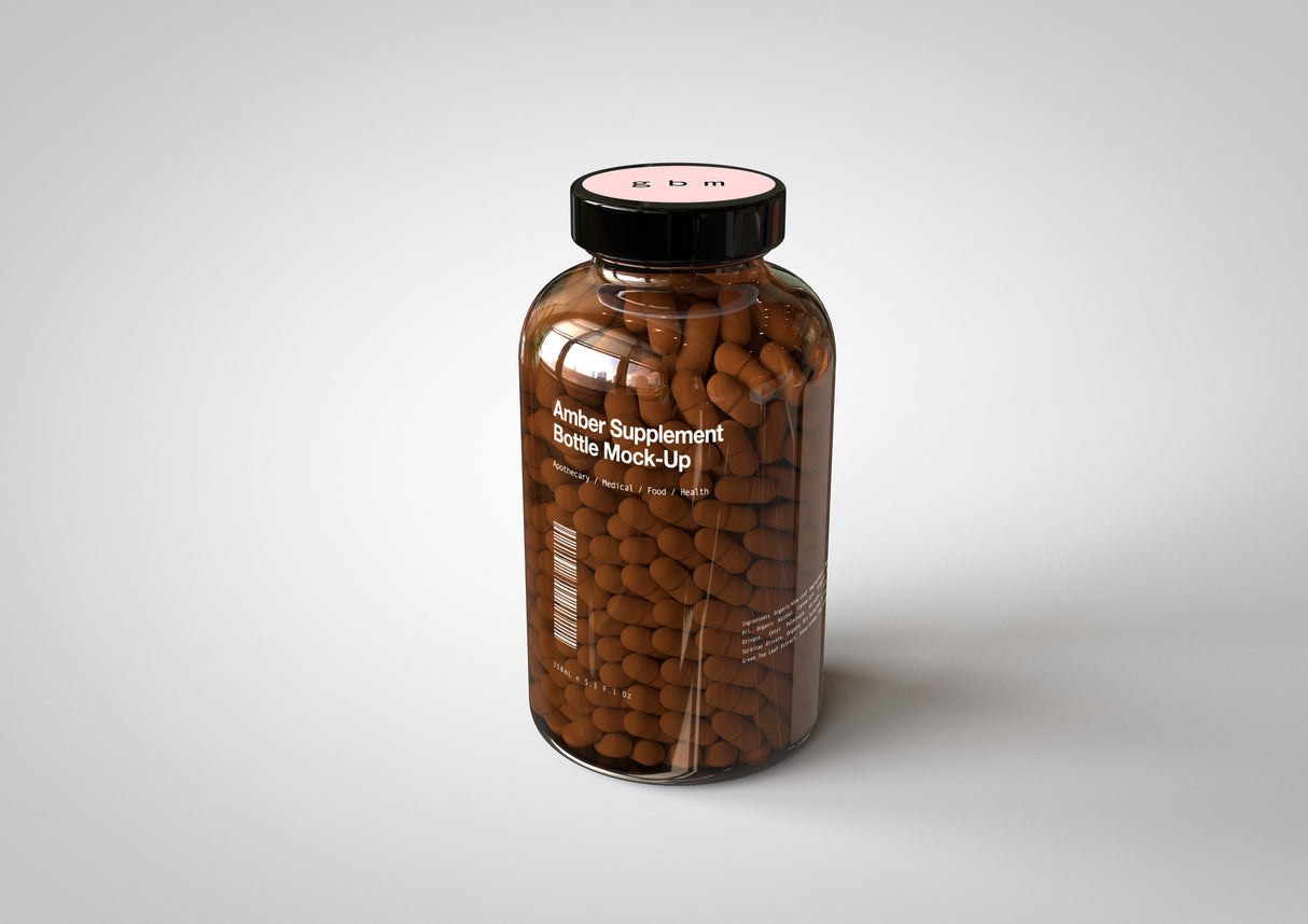 Amber Supplement Bottle With Pills Inside Bottle Mock-Up