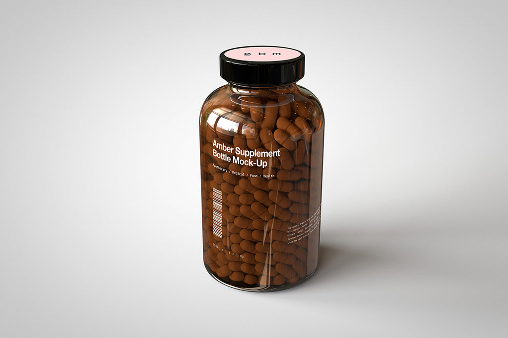 A shiny glass amber supplement/vitamins bottle mock-up full of pills on a white surface with an editable label on the front of the bottle and an editable sticker on the lid