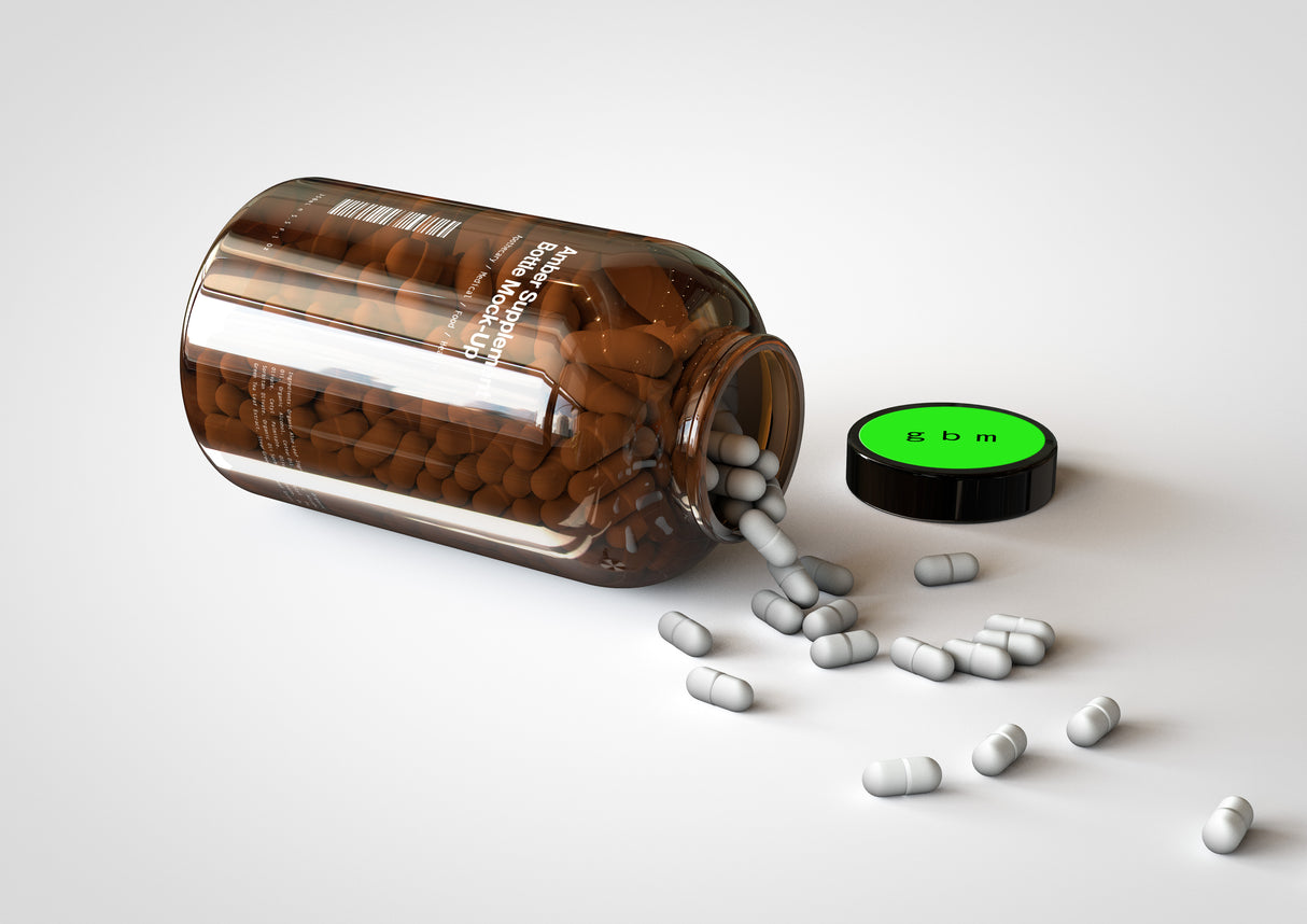 Amber Supplement Bottle With Pills Inside Bottle Mock-Up