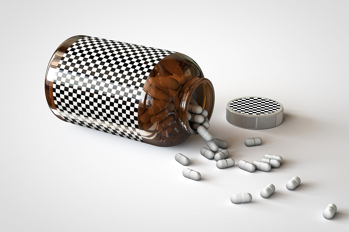 A shiny glass amber supplement/vitamins bottle mock-up full of pills on a white surface with an editable label on the front of the bottle and lid turned on its side with the pills spilling out onto the table