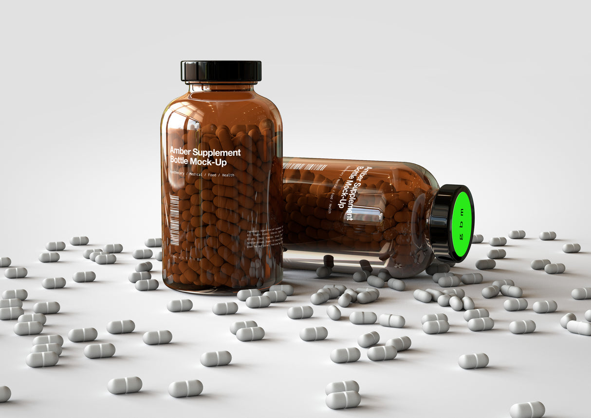 Amber Supplement Bottle With Pills Inside Bottle Mock-Up