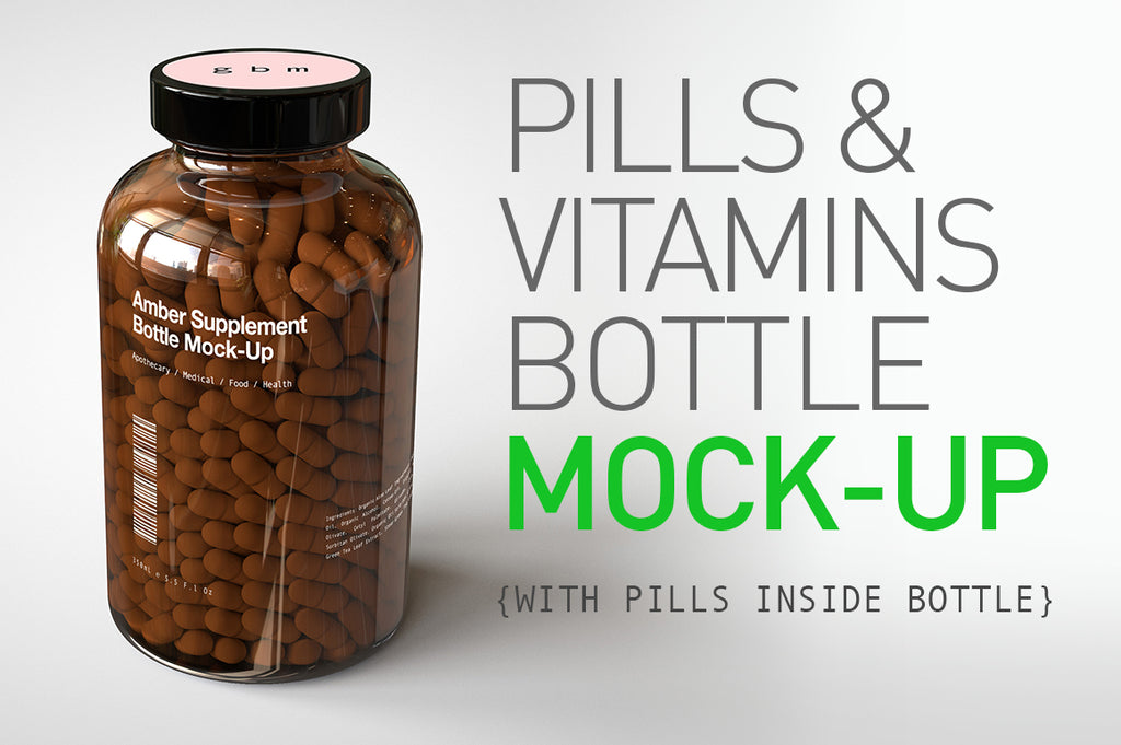 A shiny glass amber supplement/vitamins bottle mock-up full of pills on a white surface with an editable label on the front of the bottle and a sticker on the lid