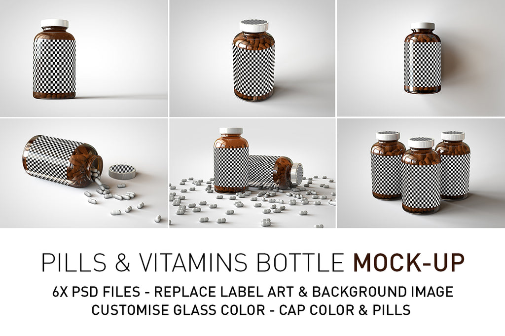 A grid of six images showing the various scenes and the editable surfaces a shiny glass amber supplement/vitamins bottle mock-up full of pills on a white surface with an editable label on the front of the bottle and a sticker on the lid