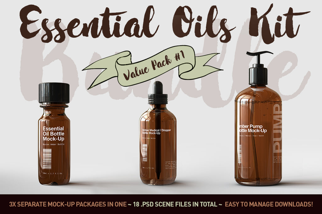 Essential Oils Mock-Bundle - with Tincture - Vial - Dropper Bottle - Pump Bottle Mock-up