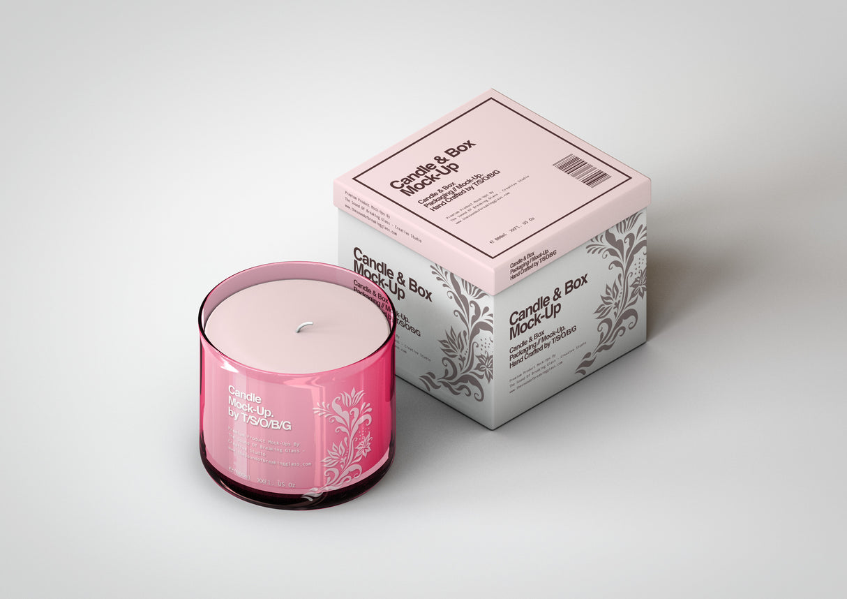 Scented Candle Mock-Up | Glass Candle In Jar & Box Packaging Mock-Up