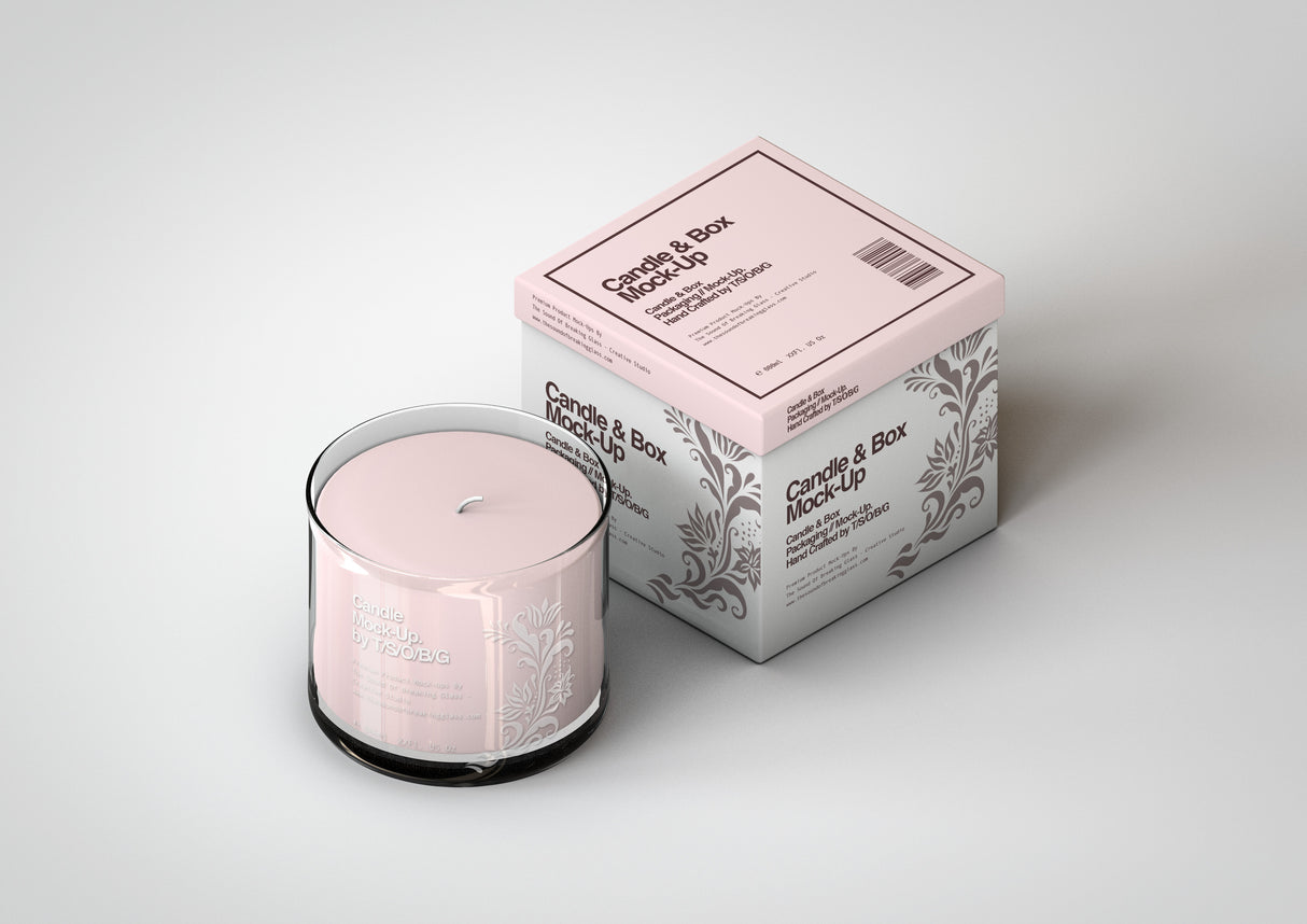 Scented Candle Mock-Up | Glass Candle In Jar & Box Packaging Mock-Up